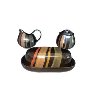 Vintage Sango Avanti Black 4721 3-Pc Set Covered Butter Dish Sugar Bowl Lid Crea